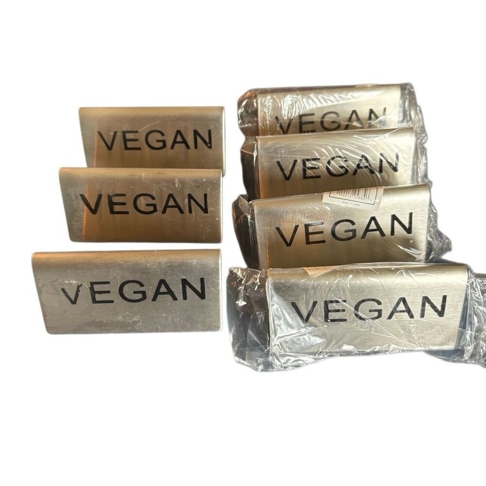 Lot of 7 Stainless Steel Vegan Buffet Table Tent Signs - 4 New & 3 Used Catering
